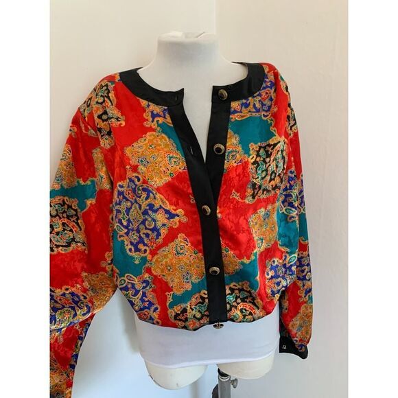 VTG Notations Versace Look Jacket Top 16W Red Satin Abstract Ornate Button Crop - Picture 15 of 16